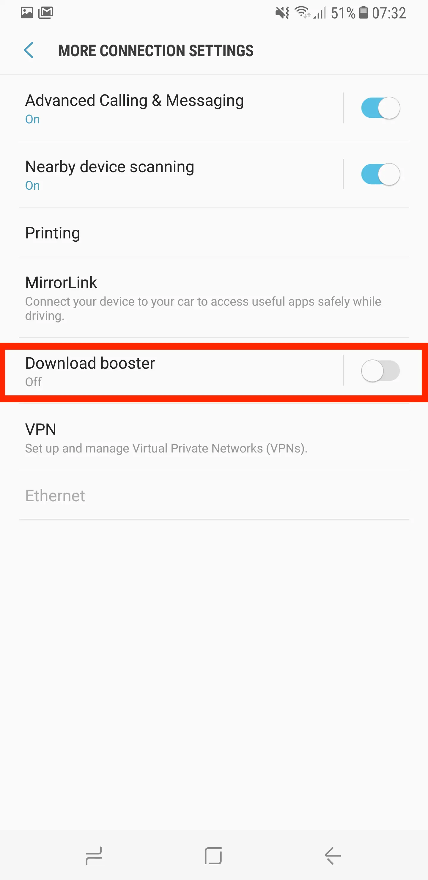 How to turn on Download Booster in Samsung Galaxy S10+