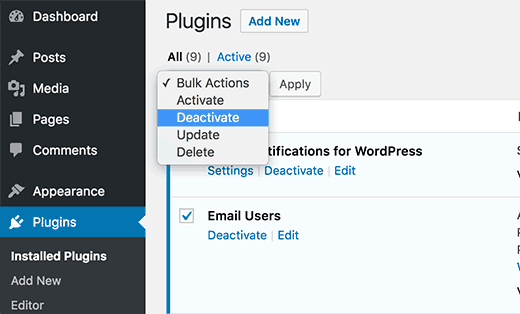 Deactivate all plugins installed on the website